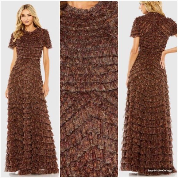 Mac Duggal 8042 Brown Ruffle Floral Maxi Dress Gown - Picture 1 of 15